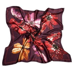 Ellen Tracy Silk Scarf Plum Color Poppy Flowers Print